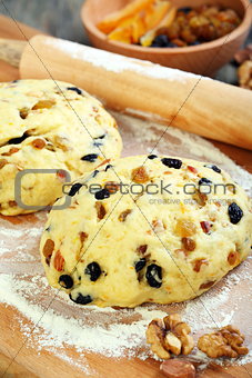 Dough with candied fruits and nuts for Christmas baking.