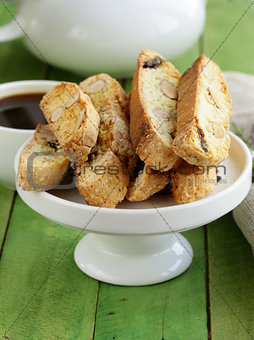 traditional Italian biscotti cookies (cantucci) on a wooden table
