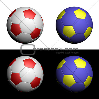 Football championship soccer ball in  white, red, yellow and blue isolated on white and black background.