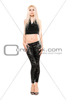 Beautiful young blonde in black leggings