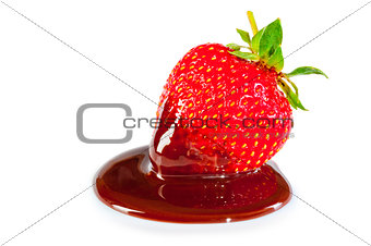 A chocolate-dipped strawberry on a white background