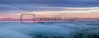 Portland City Covered in Fog with Mt Hood Panorama