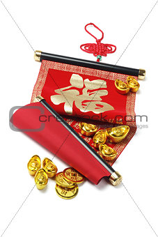 Chinese Scroll and Gold Ingots