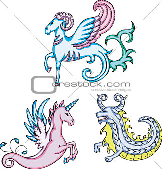 mythic sea goats and unicorn