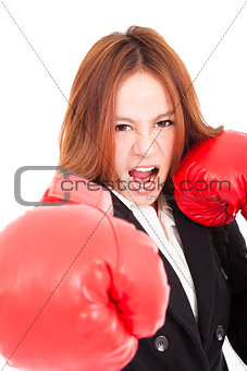  Businesswoman boxing punching towards and ready to fight