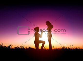 man proposes a woman to marry with sunrise background
