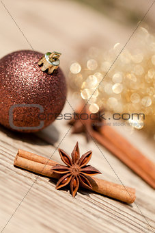anice cinnamon and bauble christmas decoration in gold