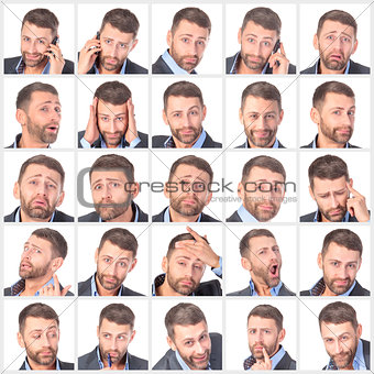 Collage portrait unshaven handsome man with difference emotions
