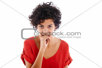 envious hispanic woman biting finger