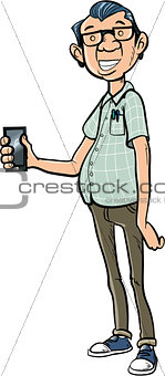 Tall cartoon nerd with a mobile phone