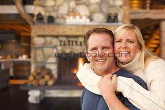 Affectionate Couple at Rustic Fireplace in Log Cabin