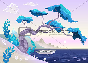 Romantic landscape with tree and water.