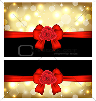 Christmas glossy cards with gift bows and roses