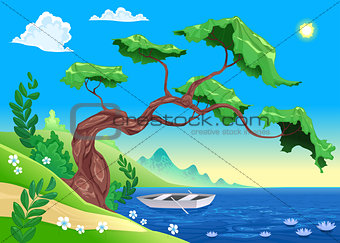 Romantic landscape with tree and water.