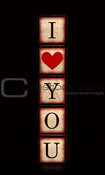 I love you with red heart in 3d wooden cubes vertical