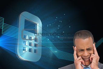 Composite image of stressed businessman putting his fingers on his temples