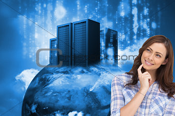 Composite image of thoughtful woman placing her finger on her chin
