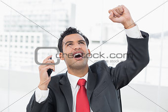 Businessman cheering with clenched fist as he looks up