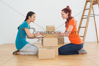 Side view of two friends moving together in a new house