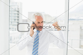 Businessman using mobile phone while clenching fist