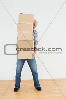 Mature man carrying boxes in a new house