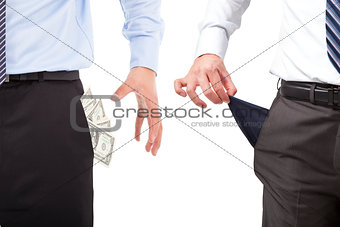 one businessmen grasp money , one pocket empty