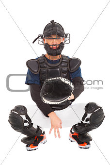 baseball player , catcher showing secret  signal gesture