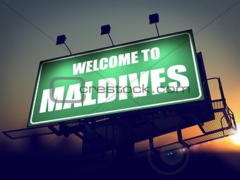 Billboard Welcome to Maldives at Sunrise.