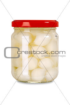 Isolated jar of pickled onions