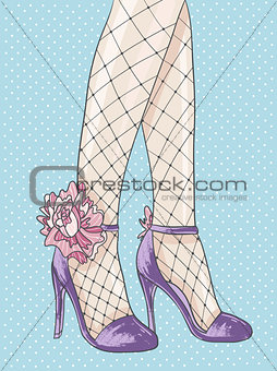 Elegant fashion illustration. High heel shoes with flowers.