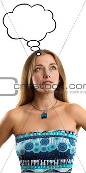 Woman in Blue Dress with Thought Bubble
