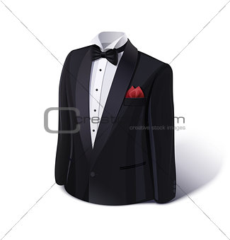 Tuxedo and bow. Stylish suit.