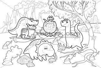 Funny dinosaurs in a prehistoric landscape, black and white.