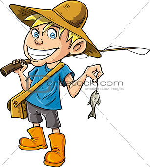 Cartoon fisherman with a tiny fish