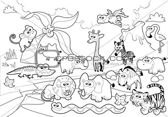 Savannah animal family with background in black and white.