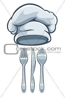 Kitchen utensils fork knife spoon and cooks cap