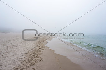Foggy weather by the sea. Baltic beach.