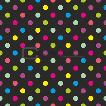 Seamless dark vector pattern or texture with colorful polka dots on black background