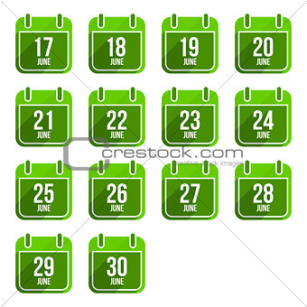 June vector flat calendar icons. Days Of Year Set 18