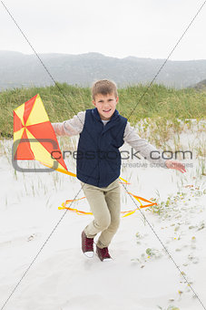 Cheerful young boy with kite at beach