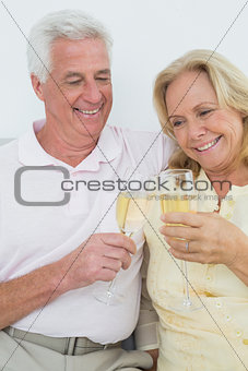 Cheerful senior couple toasting champagne flutes
