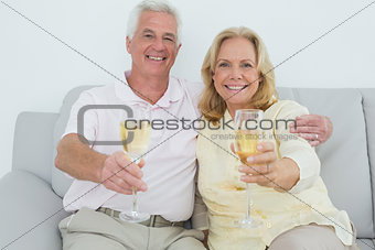 Senior couple holding champagne flutes at home