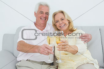 Senior couple toasting champagne flutes at home