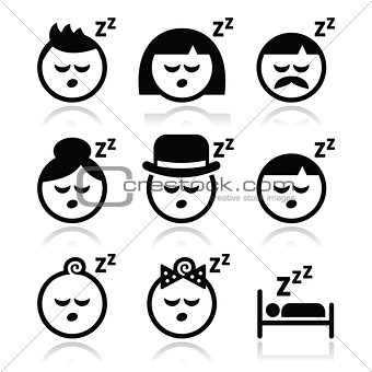 Sleeping, dreaming people faces icons set