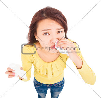 asian young woman  having runny nose with tissues 