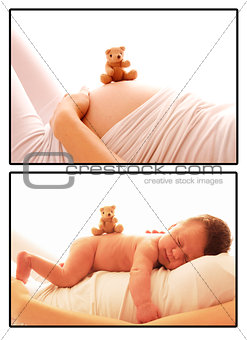 one  newborn little baby and pregnant woman belly 