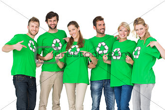 People in recycling symbol tshirts pointing to themselves