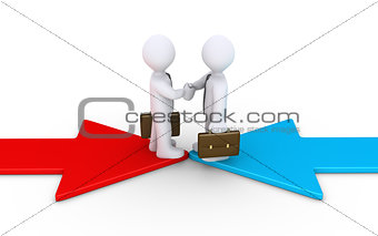 Two businessmen on arrows shake hands