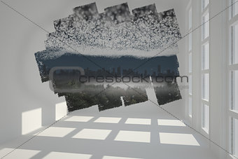Abstract screen in room showing cityscape beneath stars