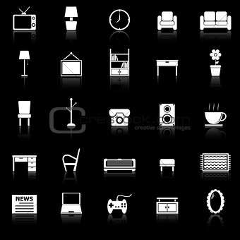 Living room icons with reflect on black background